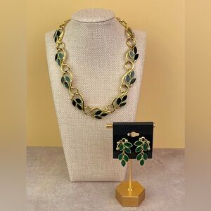 Vintage 80s Trifari Green Enamel Leaf Necklace & Earring Set